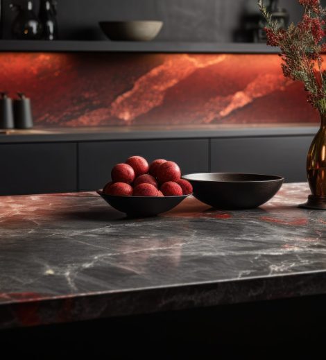 Marble kitchen top in a kitchen.